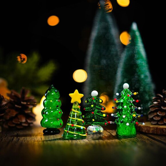 Set 4 Blown Glass Christmas Tree Figurine Art Glass Statue Holiday Decoration - Picture 3 of 8